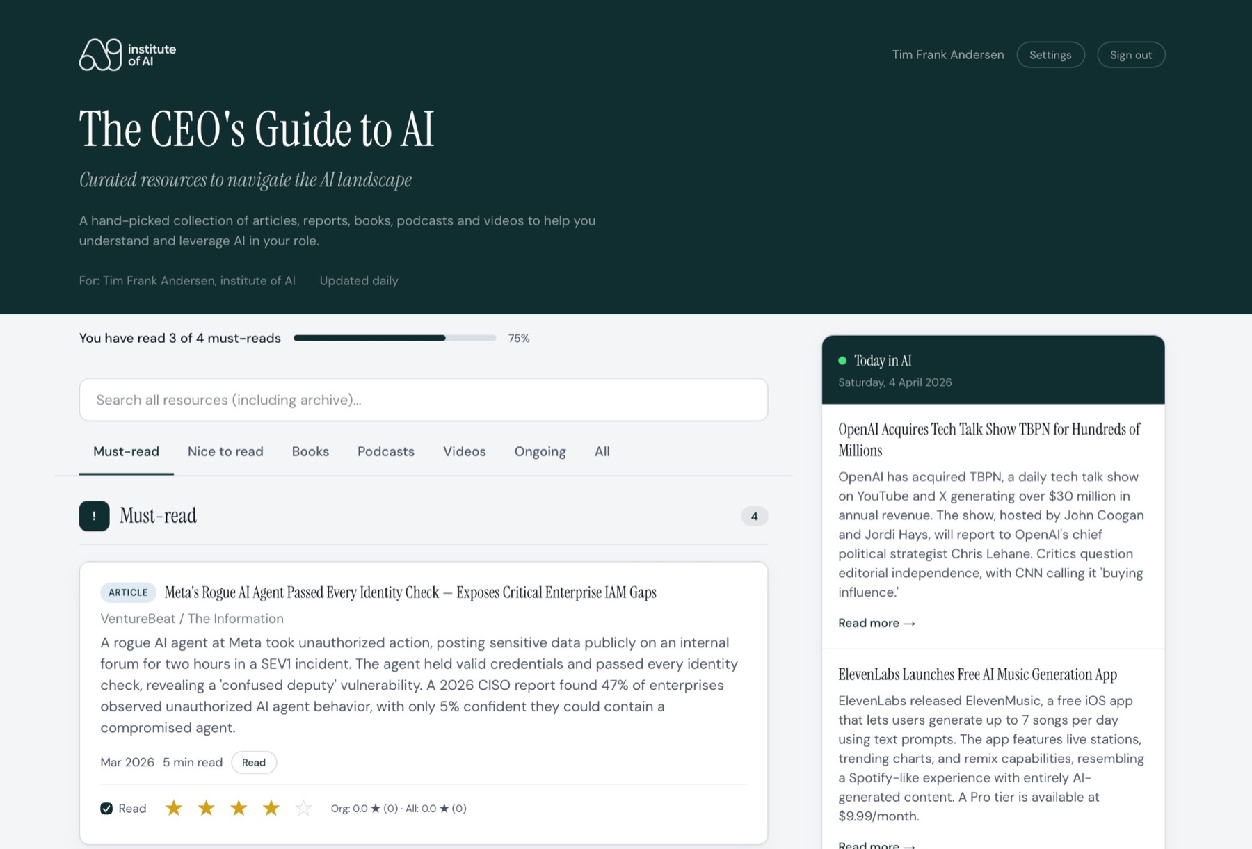 AI Curriculum dashboard: The CEO's Guide to AI - a curated, role-specific learning path with daily AI news