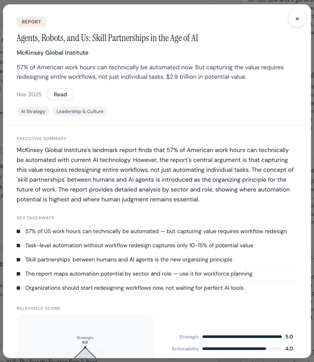 AI Curriculum source view: executive summary and key takeaways of a McKinsey report