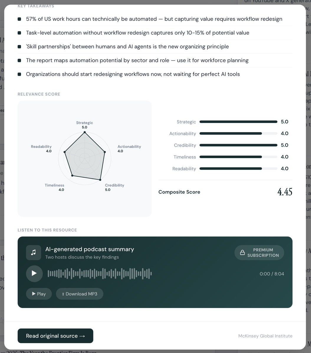 AI Curriculum relevance scoring and AI-generated podcast summary